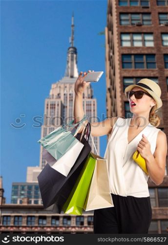 Blond tourist girl selfie photo in New York Manhattan Photomount