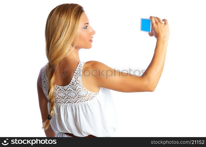 Blond tourist girl taking photos with smartphone on white background and braid