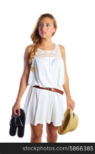 Blond tourist girl with flip flop shoes white summer dress going beach