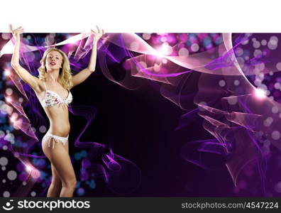 Blond with banner. Young girl in bikini with white blank banner