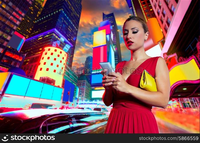 Blond woman chat writing smartphone inTimes Square New York at night Photomount