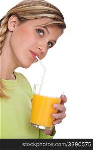 Blond woman drinking orange juice on white background