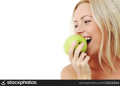 blond woman eat green apple on white