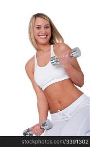 Blond woman exercising with silver weights on white background