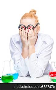 blond woman tired of laboratory tests with test tubes