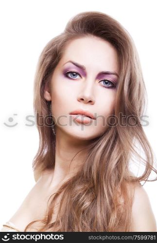 blond woman with long hair on white background