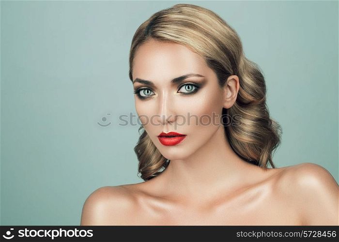 blond woman with red lips