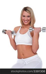 Blond woman with weights on white background