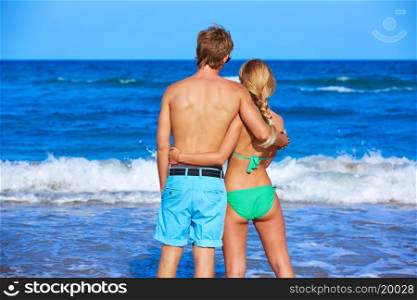 Blond young couple standing looking at the beach rear back view