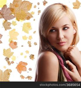 blond young woman in a close up portrait wearing a autumn color scarf with pose isolated on white background
