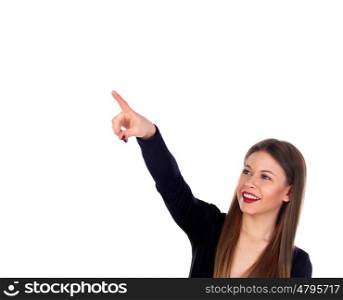 Blonde attractive girl indicating something with her finger isolated on a white background