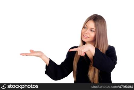 Blonde attractive girl indicating something with her hands isolated on a white background