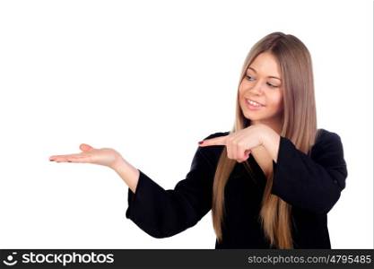 Blonde attractive girl indicating something with her hands isolated on a white background