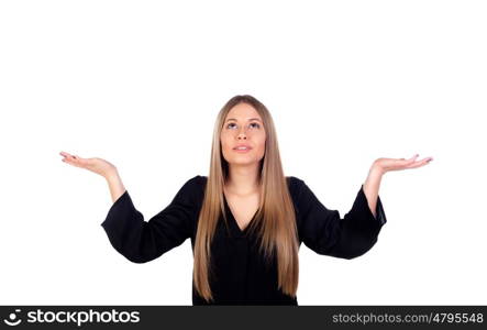 Blonde attractive girl with her arms extensed looking up isolated on a white background