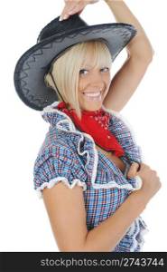 Blonde beauti cowgirl. Isolated on white background