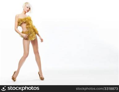 Blonde beauty wearing gold dress