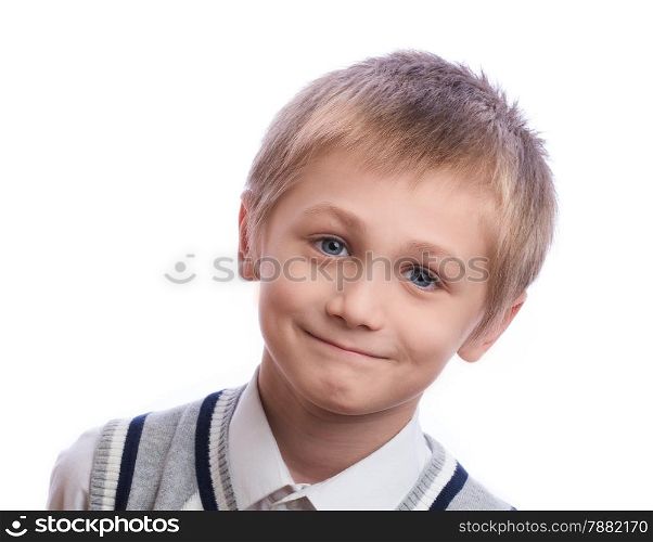 Blonde boy, 8 years old, isolated on a white background