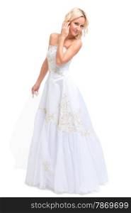 blonde bride in a wedding dress on a white background