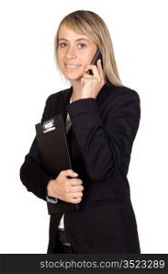 Blonde businesswoman with a mobile isolated on white background