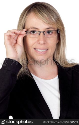 Blonde businesswoman with glasses isolated on white background