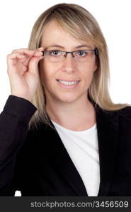 Blonde businesswoman with glasses isolated on white background