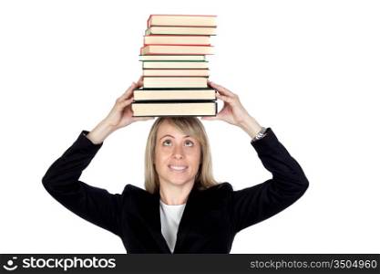 Blonde businesswoman with many books isolated on white background