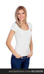 Blonde casual girl isolated on a white background