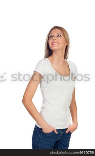 Blonde casual girl thinking isolated on a white background