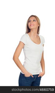 Blonde casual girl thinking isolated on a white background