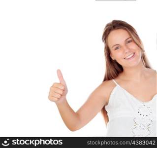 Blonde cool girl saying Ok isolated on a white background
