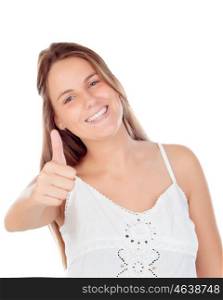Blonde cool girl saying Ok isolated on a white background