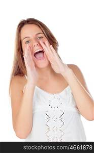 Blonde cool girl shouting isolated on a white background
