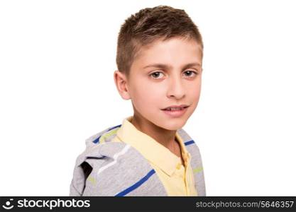 Blonde cute boy posing over white background