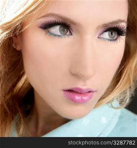 blonde face makeup macro detail pink fashion lipstick eyeshadow