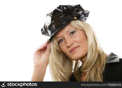 blonde female policewoman cop posing isolated on white background