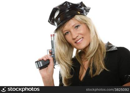 blonde female policewoman cop posing with gun handgun isolated on white background