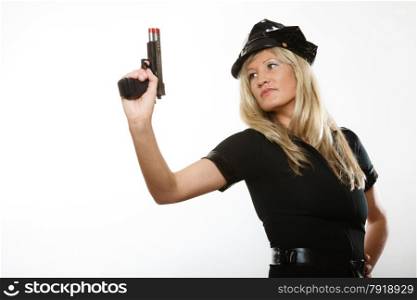 blonde female policewoman cop posing with gun handgun isolated on white background
