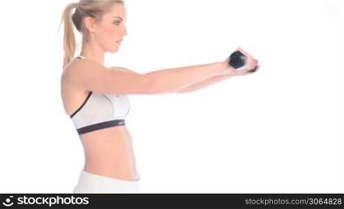 blonde fitness woman lifting weights