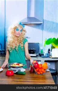 Blonde funny on kitchen with pasta and fashion blue makeup