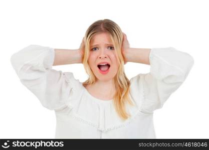 Blonde girl covering her ears isolated on a white background