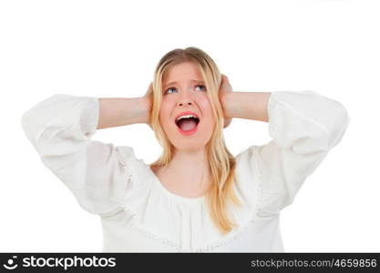 Blonde girl covering her ears isolated on a white background