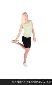 blonde girl doing her exercise on one leg on white background