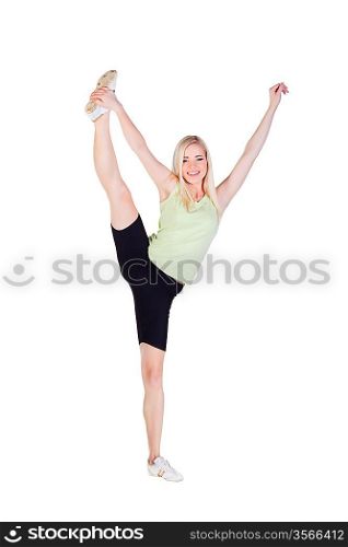 blonde girl doing her exercise vertical split on white background