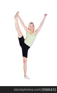 blonde girl doing her exercise vertical split on white background