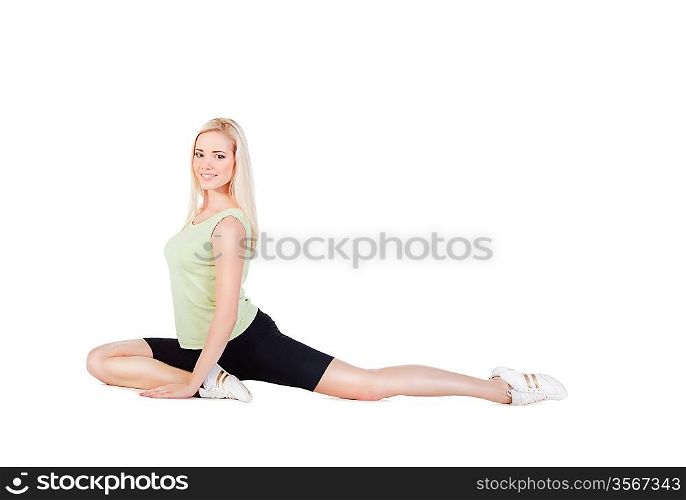 blonde girl doing her exercise with bent knee on white background