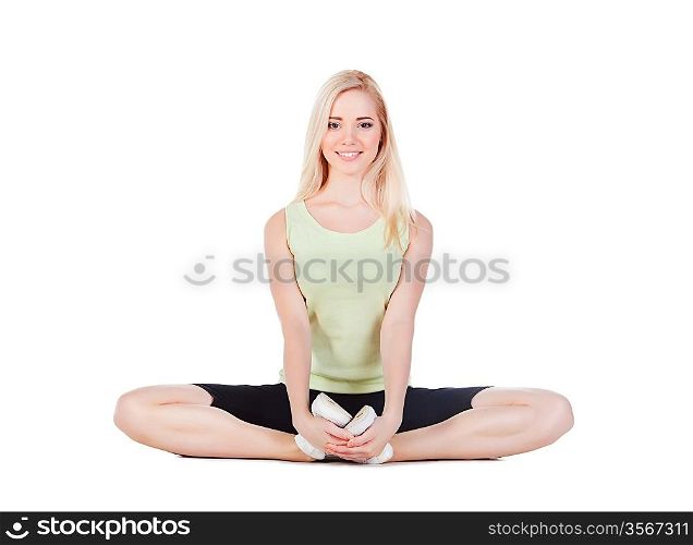 blonde girl doing her yoga exercise on white background