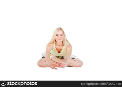 blonde girl doing yoga exercise on white background