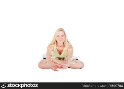 blonde girl doing yoga exercise on white background