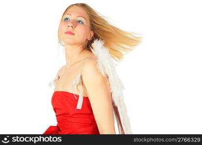 Blonde girl in red dress and angel&acute;s wings