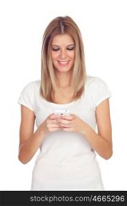 Blonde girl looking her mobile isolated on a white background